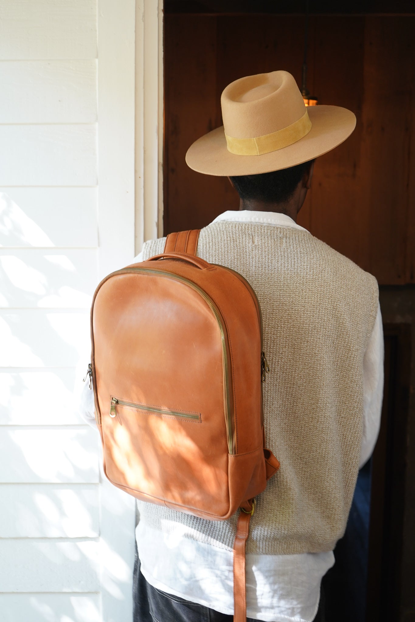 beige leather backpack men Atlas Leather Backpack
