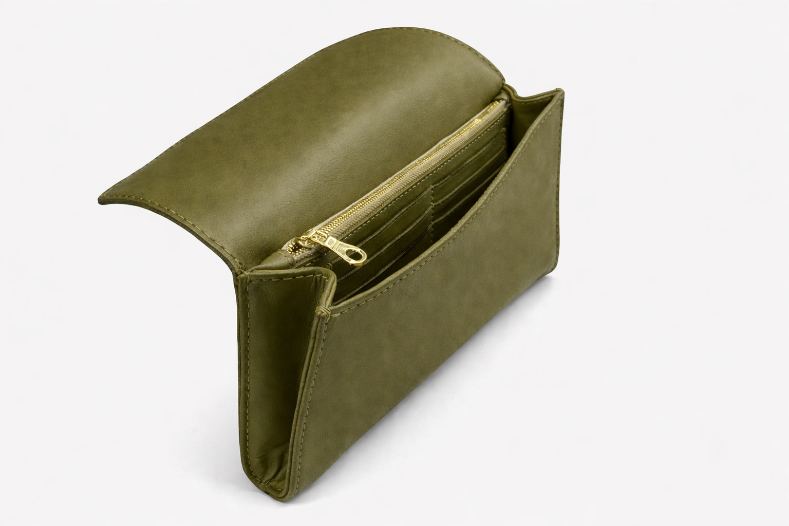 Salome foldover clutch in olive open showing gold-zip pocket and card slots interior