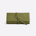 Parker Clay Salome full-grain leather foldover clutch in olive, exterior view showing wraparound tie strap